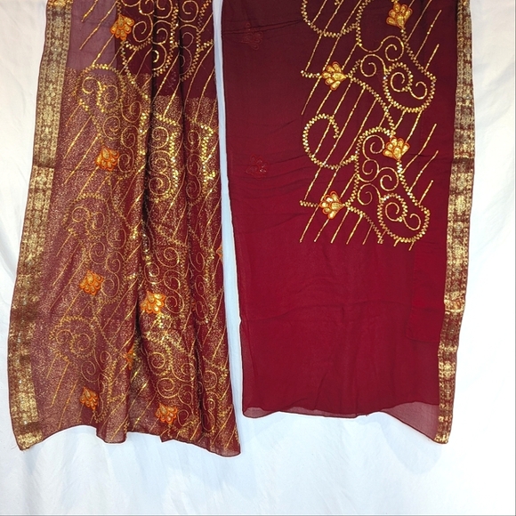 Vintage Saree Sari Red Orange Gold Sequin Traditional Indian Pallu Border Floral - Picture 2 of 5